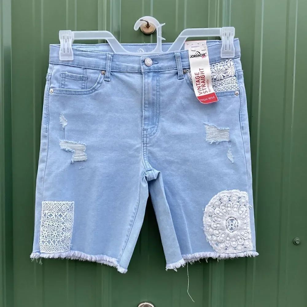 Girls Sleeveless Woven Tank Top & Crochet Denim Bermuda Shorts 2-Piece Set